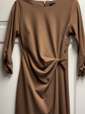 Twist-Waist Long Sleeve Midi Dress in Taupe